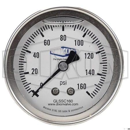 Dixon Gauge, 0 to 200 psi, 1/4 in NPT Connection, 2-1/2 in Dial, +/- 2-1-2 %, Glycerin Liquid Filled GLSSC200